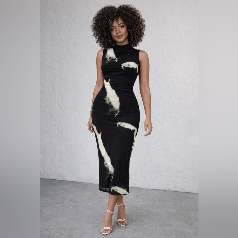 Black and White Mesh Overlay Tie-Dye Midi Dress